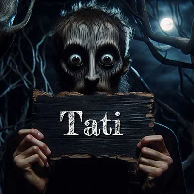 Figura surrealista de rostro pálido con ojos muy saltones en un bosque oscuro, sosteniendo un trozo de madera negra cubriendo su boca bajo la luz de la luna. - Tati