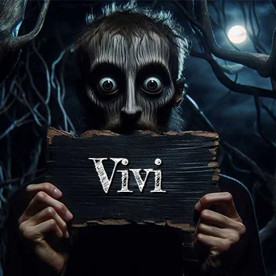 Obra de arte de terror fantástico: un rostro misterioso con ojos saltones y grandes rodeados de sombras oscuras y arrugas similares a corteza. Sostiene una pieza de madera vieja y quemada en un bosque nocturno bajo la luna. El nombre Vivi aparece en letras blancas clásicas en la tabla de madera quemada.