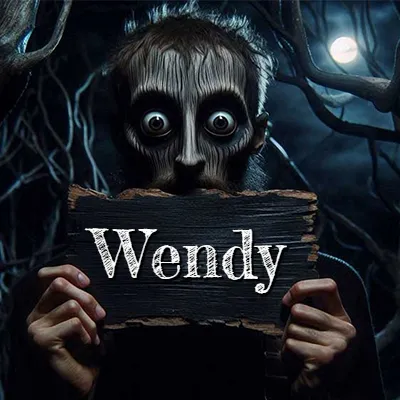 Figura surrealista de rostro pálido con ojos muy saltones en un bosque oscuro, sosteniendo un trozo de madera negra cubriendo su boca bajo la luz de la luna. - Wendy Figura surrealista de rostro pálido con ojos muy saltones en un bosque oscuro, sosteniendo un trozo de madera negra cubriendo su boca bajo la luz de la luna. - Wendy