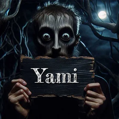 Figura surrealista de rostro pálido con ojos muy saltones en un bosque oscuro, sosteniendo un trozo de madera negra cubriendo su boca bajo la luz de la luna. - Yami