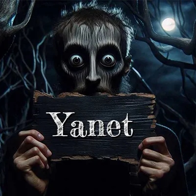 Obra de arte de terror fantástico: un rostro misterioso con ojos saltones y grandes rodeados de sombras oscuras y arrugas similares a corteza. Sostiene una pieza de madera vieja y quemada en un bosque nocturno bajo la luna. El nombre Yanet aparece en letras blancas clásicas en la tabla de madera quemada.