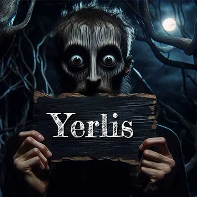 Figura surrealista de rostro pálido con ojos muy saltones en un bosque oscuro, sosteniendo un trozo de madera negra cubriendo su boca bajo la luz de la luna. - Yerlis