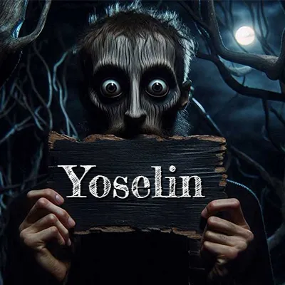 Figura surrealista de rostro pálido con ojos muy saltones en un bosque oscuro, sosteniendo un trozo de madera negra cubriendo su boca bajo la luz de la luna. - Yoselin