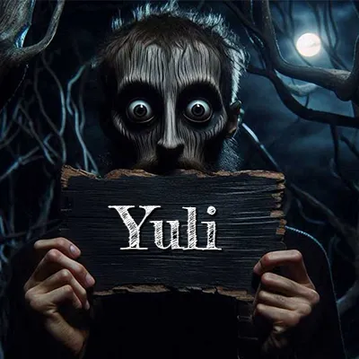 Obra de arte de terror fantástico: un rostro misterioso con ojos saltones y grandes rodeados de sombras oscuras y arrugas similares a corteza. Sostiene una pieza de madera vieja y quemada en un bosque nocturno bajo la luna. El nombre Yuli aparece en letras blancas clásicas en la tabla de madera quemada.