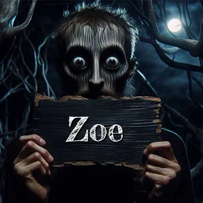 Obra de arte de terror fantástico: un rostro misterioso con ojos saltones y grandes rodeados de sombras oscuras y arrugas similares a corteza. Sostiene una pieza de madera vieja y quemada en un bosque nocturno bajo la luna. El nombre Zoe aparece en letras blancas clásicas en la tabla de madera quemada.
