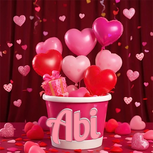 Cubo rosa lleno de globos en forma de corazones rojos y rosas, con pequeños regalos esparcidos sobre un fondo de cortinas de terciopelo rojo que sugieren un ambiente festivo cálido. El nombre Abi está escrito en el diseño.