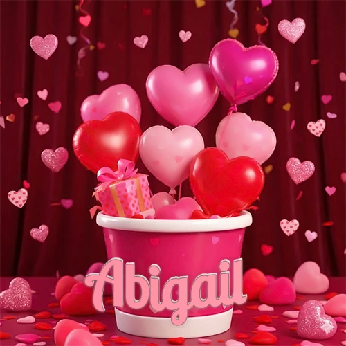 Cubo rosa lleno de globos en forma de corazones rojos y rosas, con pequeños regalos esparcidos sobre un fondo de cortinas de terciopelo rojo que sugieren un ambiente festivo cálido. El nombre Abigail está escrito en el diseño. Cubo rosa lleno de globos en forma de corazones rojos y rosas, con pequeños regalos esparcidos sobre un fondo de cortinas de terciopelo rojo que sugieren un ambiente festivo cálido. El nombre Abigail está escrito en el diseño.