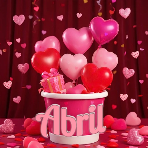 Cubo rosa lleno de globos en forma de corazones rojos y rosas, con pequeños regalos esparcidos sobre un fondo de cortinas de terciopelo rojo que sugieren un ambiente festivo cálido. El nombre Abril está escrito en el diseño.