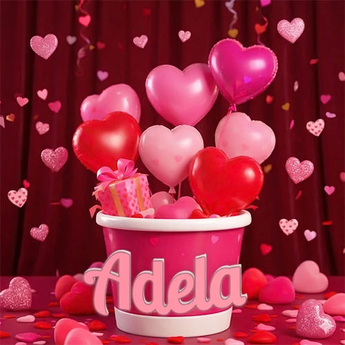 Cubo rosa lleno de globos en forma de corazones rojos y rosas, con pequeños regalos esparcidos sobre un fondo de cortinas de terciopelo rojo que sugieren un ambiente festivo cálido. El nombre Adela está escrito en el diseño.