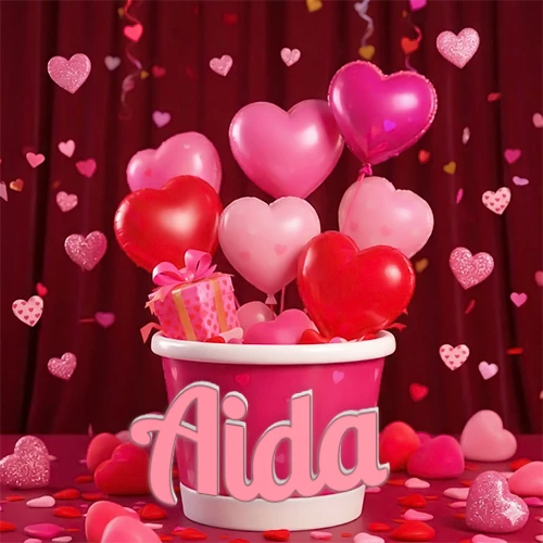 Cubo rosa lleno de globos en forma de corazones rojos y rosas, con pequeños regalos esparcidos sobre un fondo de cortinas de terciopelo rojo que sugieren un ambiente festivo cálido. El nombre Aida está escrito en el diseño.