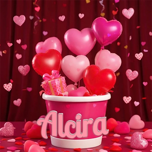 Cubo rosa lleno de globos en forma de corazones rojos y rosas, con pequeños regalos esparcidos sobre un fondo de cortinas de terciopelo rojo que sugieren un ambiente festivo cálido. El nombre Alcira está escrito en el diseño.