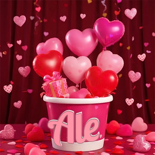 Cubo rosa lleno de globos en forma de corazones rojos y rosas, con pequeños regalos esparcidos sobre un fondo de cortinas de terciopelo rojo que sugieren un ambiente festivo cálido. El nombre Ale está escrito en el diseño.