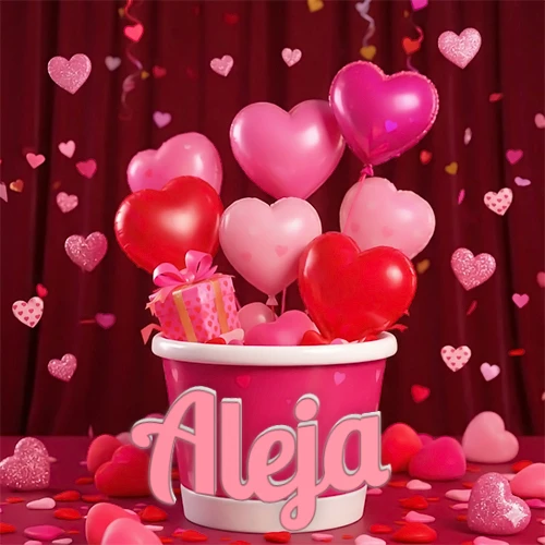 Cubo rosa lleno de globos en forma de corazones rojos y rosas, con pequeños regalos esparcidos sobre un fondo de cortinas de terciopelo rojo que sugieren un ambiente festivo cálido. El nombre Aleja está escrito en el diseño.