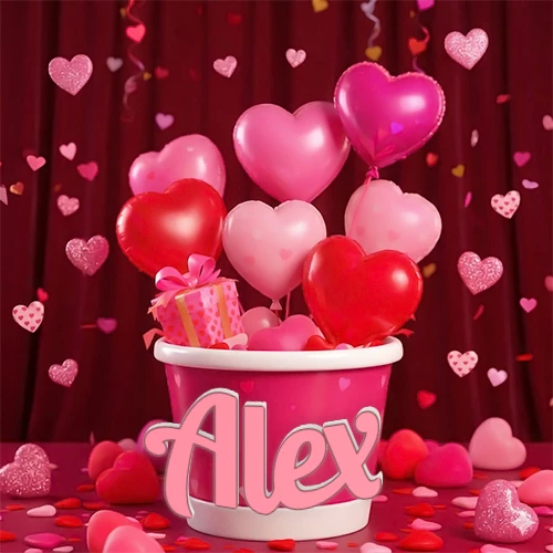 Cubo rosa lleno de globos en forma de corazones rojos y rosas, con pequeños regalos esparcidos sobre un fondo de cortinas de terciopelo rojo que sugieren un ambiente festivo cálido. El nombre Alex está escrito en el diseño.