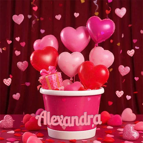 Cubo rosa lleno de globos en forma de corazones rojos y rosas, con pequeños regalos esparcidos sobre un fondo de cortinas de terciopelo rojo que sugieren un ambiente festivo cálido. El nombre Alexandra está escrito en el diseño.