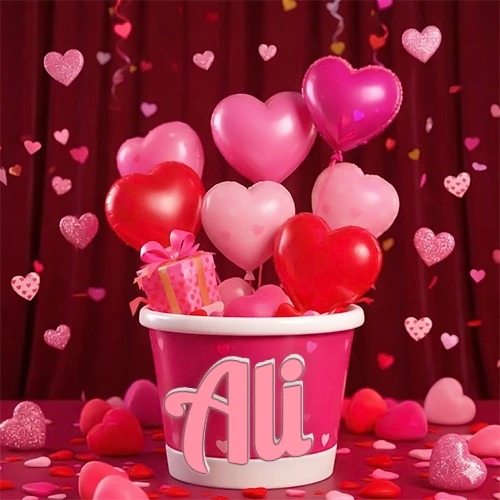 Cubo rosa lleno de globos en forma de corazones rojos y rosas, con pequeños regalos esparcidos sobre un fondo de cortinas de terciopelo rojo que sugieren un ambiente festivo cálido. El nombre Ali está escrito en el diseño.