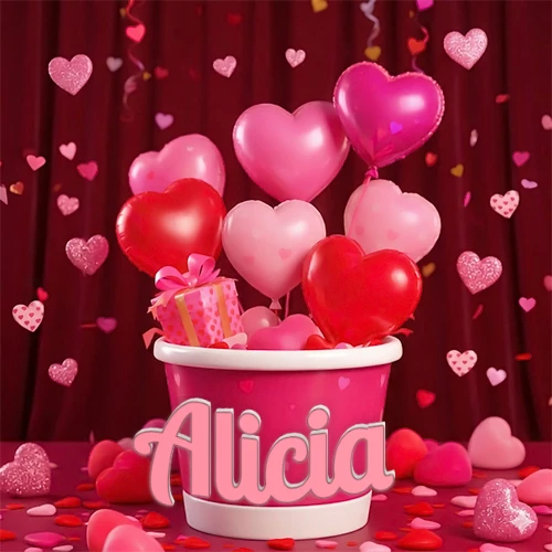 Cubo rosa lleno de globos en forma de corazones rojos y rosas, con pequeños regalos esparcidos sobre un fondo de cortinas de terciopelo rojo que sugieren un ambiente festivo cálido. El nombre Alicia está escrito en el diseño.