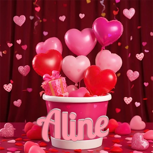 Cubo rosa lleno de globos en forma de corazones rojos y rosas, con pequeños regalos esparcidos sobre un fondo de cortinas de terciopelo rojo que sugieren un ambiente festivo cálido. El nombre Aline está escrito en el diseño.