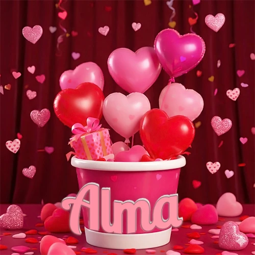 Cubo rosa lleno de globos en forma de corazones rojos y rosas, con pequeños regalos esparcidos sobre un fondo de cortinas de terciopelo rojo que sugieren un ambiente festivo cálido. El nombre Alma está escrito en el diseño.