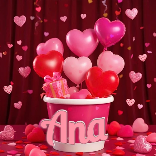 Cubo rosa lleno de globos en forma de corazones rojos y rosas, con pequeños regalos esparcidos sobre un fondo de cortinas de terciopelo rojo que sugieren un ambiente festivo cálido. El nombre Ana está escrito en el diseño.