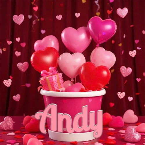 Cubo rosa lleno de globos en forma de corazones rojos y rosas, con pequeños regalos esparcidos sobre un fondo de cortinas de terciopelo rojo que sugieren un ambiente festivo cálido. El nombre Andy está escrito en el diseño.