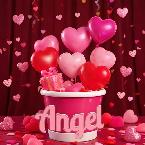 Cubo rosa lleno de globos en forma de corazones rojos y rosas, con pequeños regalos esparcidos sobre un fondo de cortinas de terciopelo rojo que sugieren un ambiente festivo cálido. El nombre Angel está escrito en el diseño.