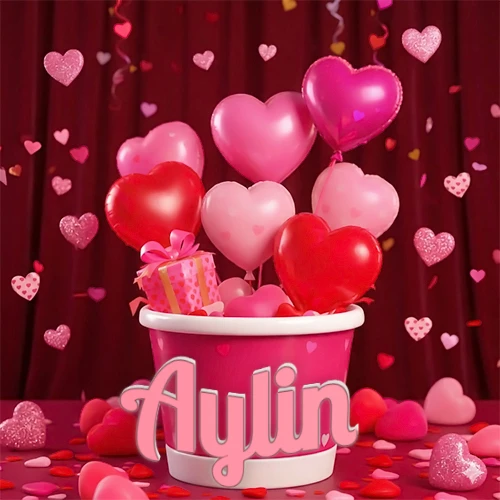 Cubo rosa lleno de globos en forma de corazones rojos y rosas, con pequeños regalos esparcidos sobre un fondo de cortinas de terciopelo rojo que sugieren un ambiente festivo cálido. El nombre Aylin está escrito en el diseño.