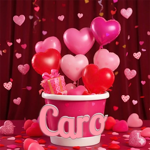 Cubo rosa lleno de globos en forma de corazones rojos y rosas, con pequeños regalos esparcidos sobre un fondo de cortinas de terciopelo rojo que sugieren un ambiente festivo cálido. El nombre Caro está escrito en el diseño. Cubo rosa lleno de globos en forma de corazones rojos y rosas, con pequeños regalos esparcidos sobre un fondo de cortinas de terciopelo rojo que sugieren un ambiente festivo cálido. El nombre Caro está escrito en el diseño.