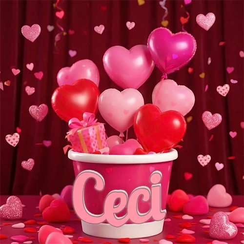 Cubo rosa lleno de globos en forma de corazones rojos y rosas, con pequeños regalos esparcidos sobre un fondo de cortinas de terciopelo rojo que sugieren un ambiente festivo cálido. El nombre Ceci está escrito en el diseño.