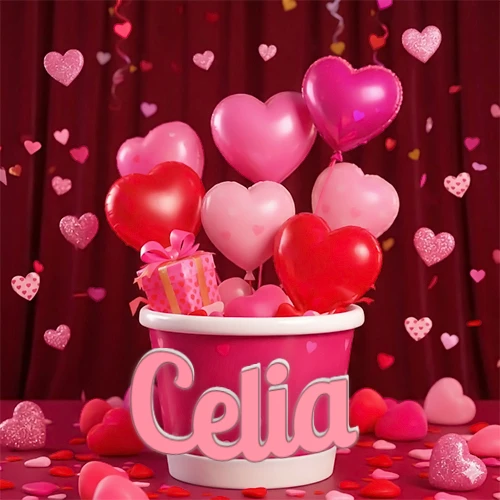 Cubo rosa lleno de globos en forma de corazones rojos y rosas, con pequeños regalos esparcidos sobre un fondo de cortinas de terciopelo rojo que sugieren un ambiente festivo cálido. El nombre Celia está escrito en el diseño.