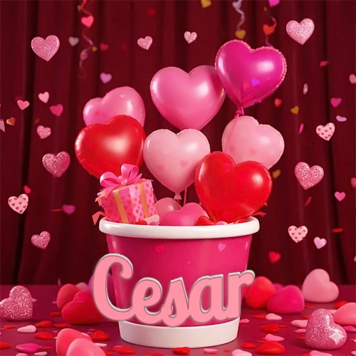 Cubo rosa lleno de globos en forma de corazones rojos y rosas, con pequeños regalos esparcidos sobre un fondo de cortinas de terciopelo rojo que sugieren un ambiente festivo cálido. El nombre Cesar está escrito en el diseño.