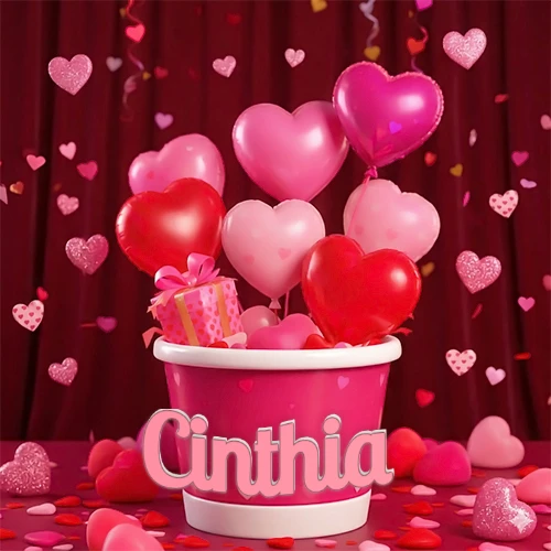 Cubo rosa lleno de globos en forma de corazones rojos y rosas, con pequeños regalos esparcidos sobre un fondo de cortinas de terciopelo rojo que sugieren un ambiente festivo cálido. El nombre Cinthia está escrito en el diseño.