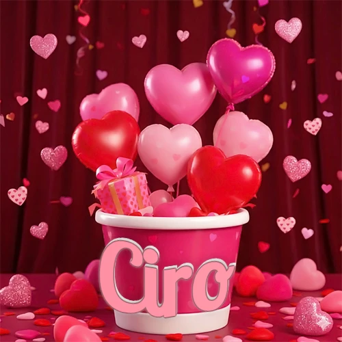 Cubo rosa lleno de globos en forma de corazones rojos y rosas, con pequeños regalos esparcidos sobre un fondo de cortinas de terciopelo rojo que sugieren un ambiente festivo cálido. El nombre Ciro está escrito en el diseño.