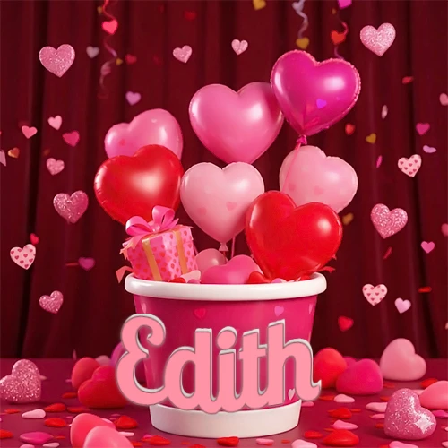 Cubo rosa lleno de globos en forma de corazones rojos y rosas, con pequeños regalos esparcidos sobre un fondo de cortinas de terciopelo rojo que sugieren un ambiente festivo cálido. El nombre Edith está escrito en el diseño.