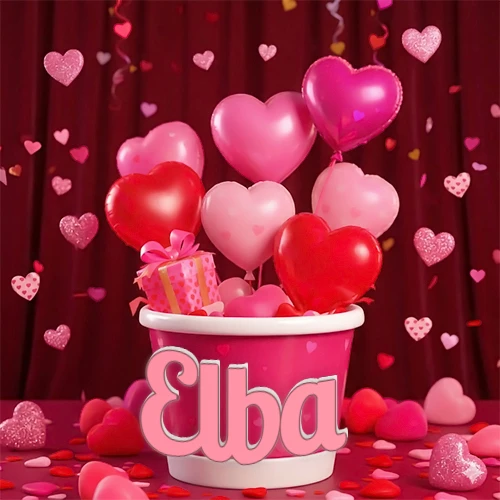Cubo rosa lleno de globos en forma de corazones rojos y rosas, con pequeños regalos esparcidos sobre un fondo de cortinas de terciopelo rojo que sugieren un ambiente festivo cálido. El nombre Elba está escrito en el diseño.