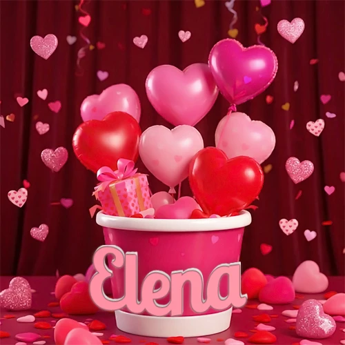 Cubo rosa lleno de globos en forma de corazones rojos y rosas, con pequeños regalos esparcidos sobre un fondo de cortinas de terciopelo rojo que sugieren un ambiente festivo cálido. El nombre Elena está escrito en el diseño. Cubo rosa lleno de globos en forma de corazones rojos y rosas, con pequeños regalos esparcidos sobre un fondo de cortinas de terciopelo rojo que sugieren un ambiente festivo cálido. El nombre Elena está escrito en el diseño.