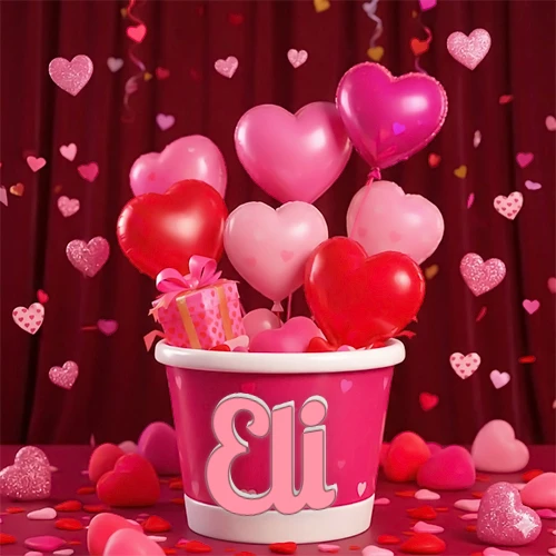 Cubo rosa lleno de globos en forma de corazones rojos y rosas, con pequeños regalos esparcidos sobre un fondo de cortinas de terciopelo rojo que sugieren un ambiente festivo cálido. El nombre Eli está escrito en el diseño.