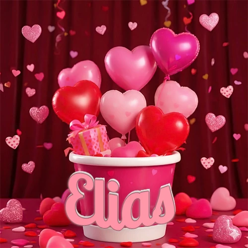 Cubo rosa lleno de globos en forma de corazones rojos y rosas, con pequeños regalos esparcidos sobre un fondo de cortinas de terciopelo rojo que sugieren un ambiente festivo cálido. El nombre Elias está escrito en el diseño.