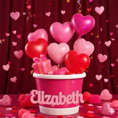 Cubo rosa lleno de globos en forma de corazones rojos y rosas, con pequeños regalos esparcidos sobre un fondo de cortinas de terciopelo rojo que sugieren un ambiente festivo cálido. El nombre Elizabeth está escrito en el diseño. Cubo rosa lleno de globos en forma de corazones rojos y rosas, con pequeños regalos esparcidos sobre un fondo de cortinas de terciopelo rojo que sugieren un ambiente festivo cálido. El nombre Elizabeth está escrito en el diseño.