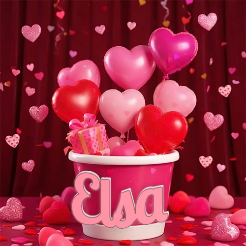 Cubo rosa lleno de globos en forma de corazones rojos y rosas, con pequeños regalos esparcidos sobre un fondo de cortinas de terciopelo rojo que sugieren un ambiente festivo cálido. El nombre Elsa está escrito en el diseño. Cubo rosa lleno de globos en forma de corazones rojos y rosas, con pequeños regalos esparcidos sobre un fondo de cortinas de terciopelo rojo que sugieren un ambiente festivo cálido. El nombre Elsa está escrito en el diseño.