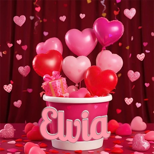 Cubo rosa lleno de globos en forma de corazones rojos y rosas, con pequeños regalos esparcidos sobre un fondo de cortinas de terciopelo rojo que sugieren un ambiente festivo cálido. El nombre Elvia está escrito en el diseño. Cubo rosa lleno de globos en forma de corazones rojos y rosas, con pequeños regalos esparcidos sobre un fondo de cortinas de terciopelo rojo que sugieren un ambiente festivo cálido. El nombre Elvia está escrito en el diseño.