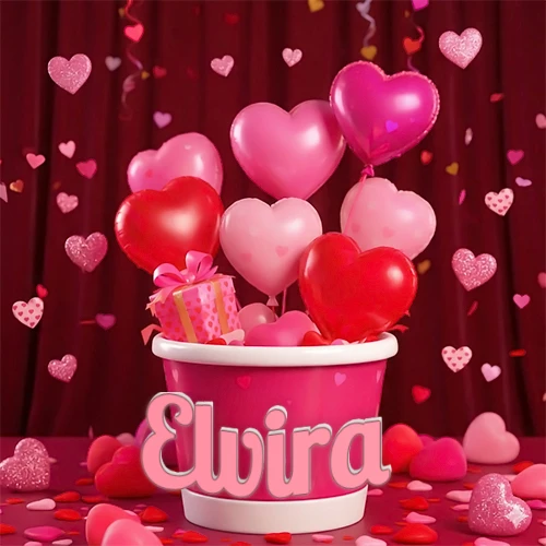 Cubo rosa lleno de globos en forma de corazones rojos y rosas, con pequeños regalos esparcidos sobre un fondo de cortinas de terciopelo rojo que sugieren un ambiente festivo cálido. El nombre Elvira está escrito en el diseño. Cubo rosa lleno de globos en forma de corazones rojos y rosas, con pequeños regalos esparcidos sobre un fondo de cortinas de terciopelo rojo que sugieren un ambiente festivo cálido. El nombre Elvira está escrito en el diseño.