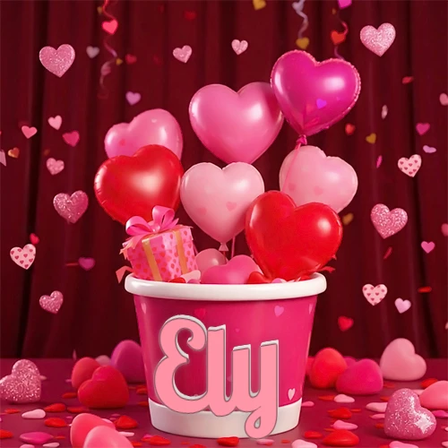 Cubo rosa lleno de globos en forma de corazones rojos y rosas, con pequeños regalos esparcidos sobre un fondo de cortinas de terciopelo rojo que sugieren un ambiente festivo cálido. El nombre Ely está escrito en el diseño.