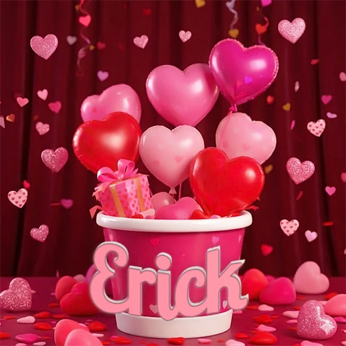 Cubo rosa lleno de globos en forma de corazones rojos y rosas, con pequeños regalos esparcidos sobre un fondo de cortinas de terciopelo rojo que sugieren un ambiente festivo cálido. El nombre Erick está escrito en el diseño.