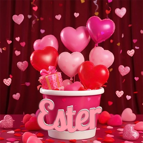 Cubo rosa lleno de globos en forma de corazones rojos y rosas, con pequeños regalos esparcidos sobre un fondo de cortinas de terciopelo rojo que sugieren un ambiente festivo cálido. El nombre Ester está escrito en el diseño.