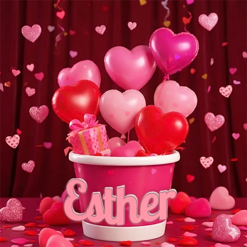 Cubo rosa lleno de globos en forma de corazones rojos y rosas, con pequeños regalos esparcidos sobre un fondo de cortinas de terciopelo rojo que sugieren un ambiente festivo cálido. El nombre Esther está escrito en el diseño.