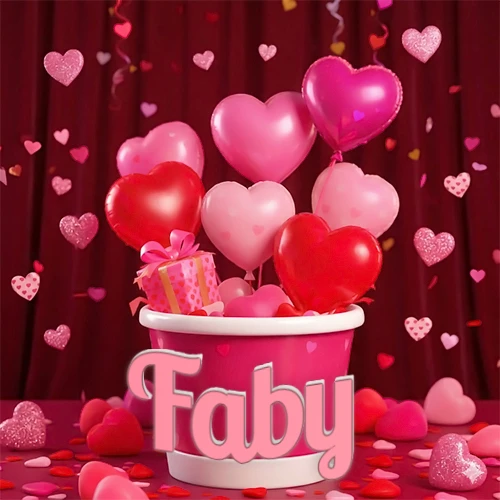 Cubo rosa lleno de globos en forma de corazones rojos y rosas, con pequeños regalos esparcidos sobre un fondo de cortinas de terciopelo rojo que sugieren un ambiente festivo cálido. El nombre Faby está escrito en el diseño.