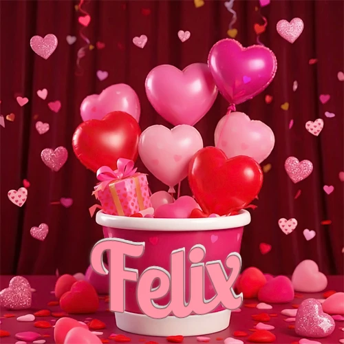 Cubo rosa lleno de globos en forma de corazones rojos y rosas, con pequeños regalos esparcidos sobre un fondo de cortinas de terciopelo rojo que sugieren un ambiente festivo cálido. El nombre Felix está escrito en el diseño.