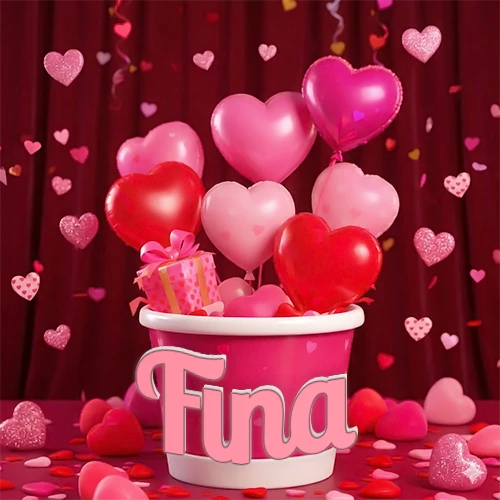 Cubo rosa lleno de globos en forma de corazones rojos y rosas, con pequeños regalos esparcidos sobre un fondo de cortinas de terciopelo rojo que sugieren un ambiente festivo cálido. El nombre Fina está escrito en el diseño.