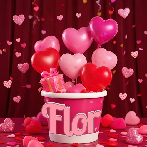 Cubo rosa lleno de globos en forma de corazones rojos y rosas, con pequeños regalos esparcidos sobre un fondo de cortinas de terciopelo rojo que sugieren un ambiente festivo cálido. El nombre Flor está escrito en el diseño.